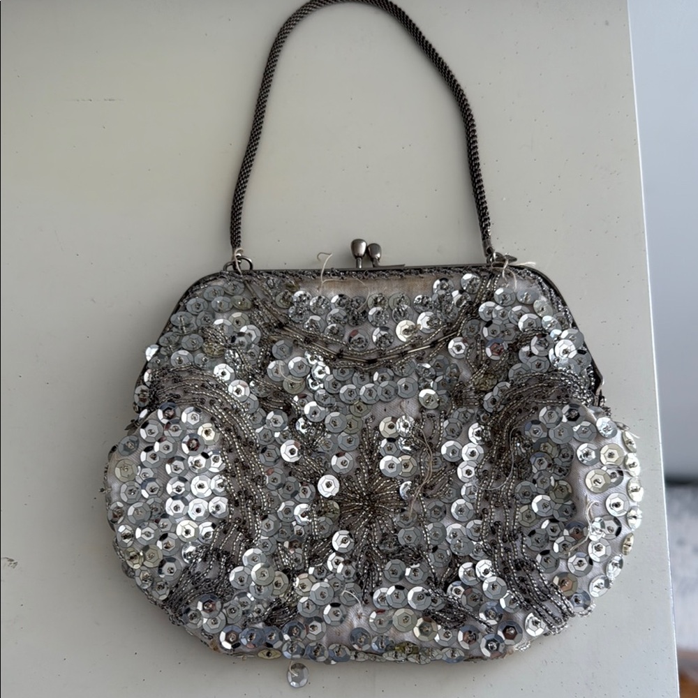 Elegant Silver Beaded Handbag